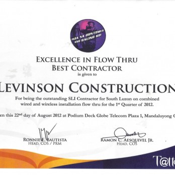Excellence in Flow Thru Best Contractor Levinson Construction 1st Quarter  2012