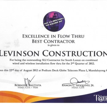 Excellence in Flow Thru Best Contractor Levinson Construction 2nd Quarter 2012