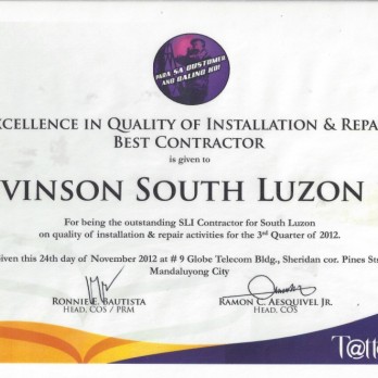Excellence in Quality of Installation and Repair Best Contractor - Levinson South Luzon 1B 3rd Quarter  2012