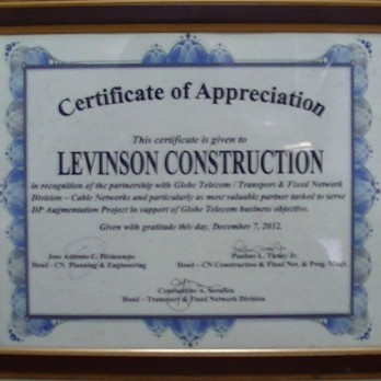 Certificate of Appreciation Globe Telecom - DP Augmentation 2012