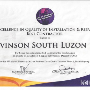 Excellence in Quality of Installation and Repair Best Contractor - Levinson South Luzon 1B December 2012