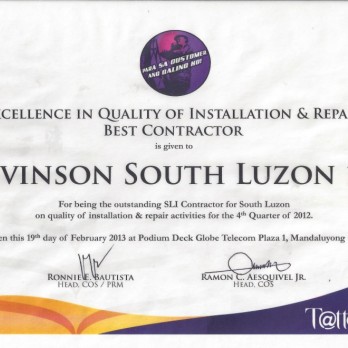 Excellence in Quality of Installation & Repair Best Contractor Levinson South Luzon 1B 4th Quarter 2012