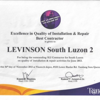 Excellence in Quality of Installation & Repair Best Contractor Levinson South Luzon 2 June 2013