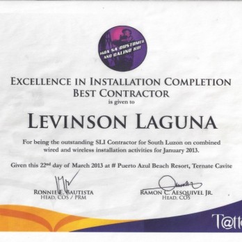 Excellence in Installation Completion Best Contractor Levinson Laguna January 2013